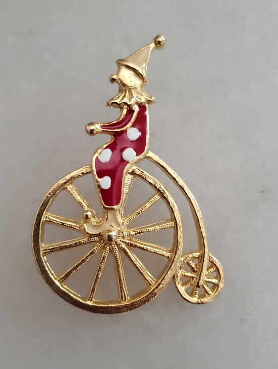 Vintage Vendome Jewelry - Gold Clown on Penny-Farthing Brooch - Red and White Accents